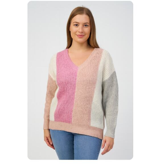 Kori SZ S Oversized Colorblock Striped V-Neck Sweater NWT Pink Gray Cream Tan - Picture 2 of 8